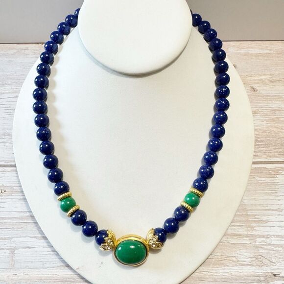 Vintage Avon Blue Green Gold Bead Necklace Rhinestone & Cabochon Center 20" - Picture 10 of 10